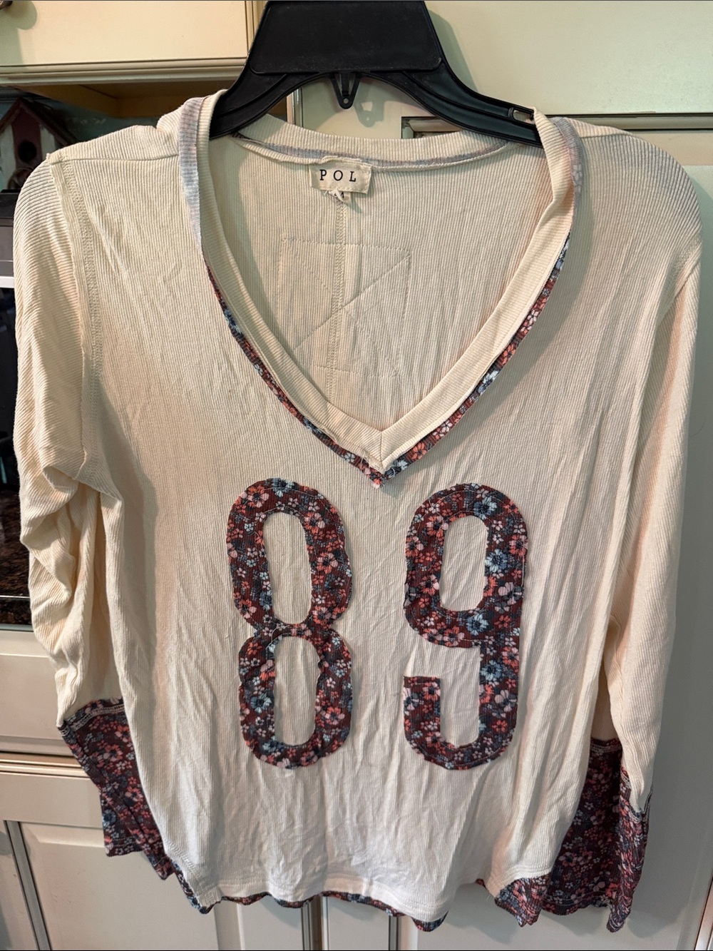 POL Cream Long-Sleeve V-Neck Top with Floral '89' Appliqué